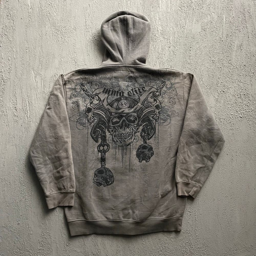 Vintage MMA Elite Zip Up Hoodie Men large brown Y2K Skull Graphic